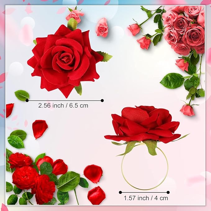 Honeydak 24 Set Valentine's Day Napkin Ring Rose Flower Metal Napkin Ring Designed with Rose Serviette Buckle for Valentine's Day Wedding Anniversary Party Dinner Table Decoration (Red)