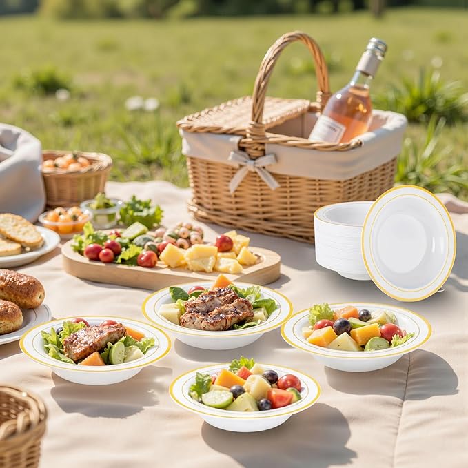 bUCLA 120 Pack Disposable Plastic Bowls Gold Trim 12oz - Elegant Party Bowls Disposable for Salad, Soup, Dessert, Ideal for Wedding & Thanksgiving