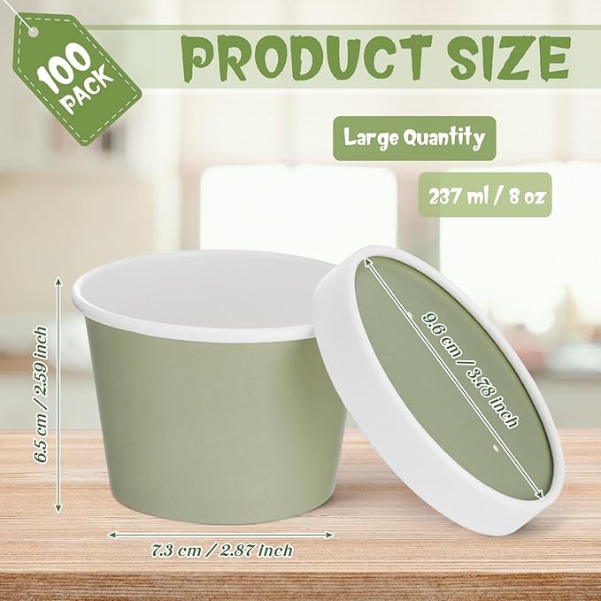 Fulmoon 100 Pack Paper Soup Containers with Lids Disposable Paper Food Containers with Vented Lid Kraft Ice Cream Cake Dessert Cups Soup Bowl for Party Hot Food Fruit Microwave(8 oz,Olive Green)