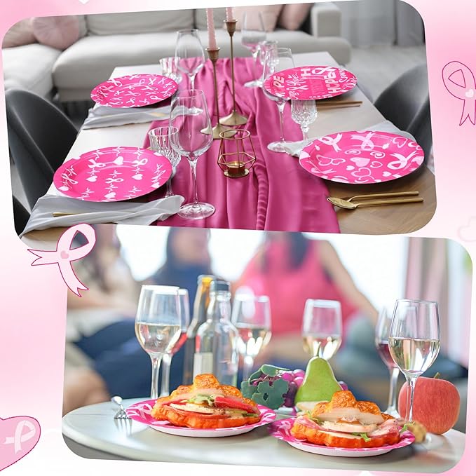 60 Pcs Breast Cancer Awareness Decorations 7 Inch Pink Ribbon Survivor Paper Plates Disposable Party Supplies Hope Love Cure Plates for Breast Cancer Awareness Month Women Charity Activities