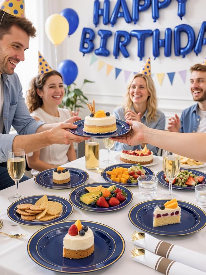 350PCS Navy Blue and Gold Plastic Plates with Rolled Napkins Include Dinner Plate 10’’, Dessert Plate 7’’, gold Cups 9 OZ, Pre Rolled Napkins 25 of each type for Party/Birthday/Wedding