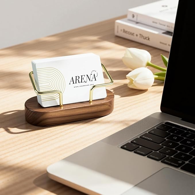 Business Card Holder for Desk, Minimalist Wooden Desk Organizer with Brass Metal Frame, Stylish Office & Home Decor for Professional Card Display(Walnut Oval)