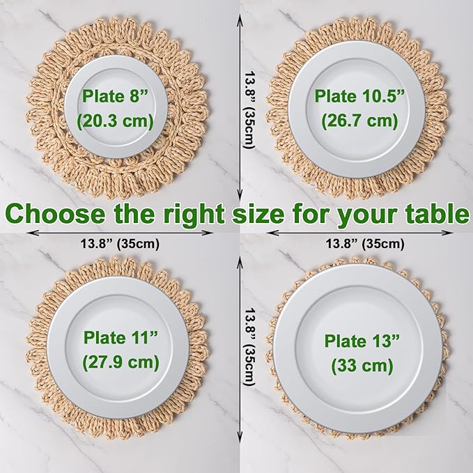 13.8" Set of 6 Round Corn Husk Placemats | Boho Woven Rattan Table Mats | Farmhouse Wicker Spring Plate Chargers Like Water Hyacinth, Seagrass for Wedding, Party, Christmas, Events