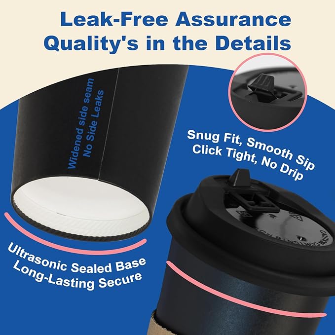 12 oz 500 Pack Coffee Cups with Lids and Sleeves, Straws, Hot Disposable To Go Travel Paper Cups Bulk for Office, Home Coffee Bar Accessories, Chocolate, Cocoa, Beverage (Black)