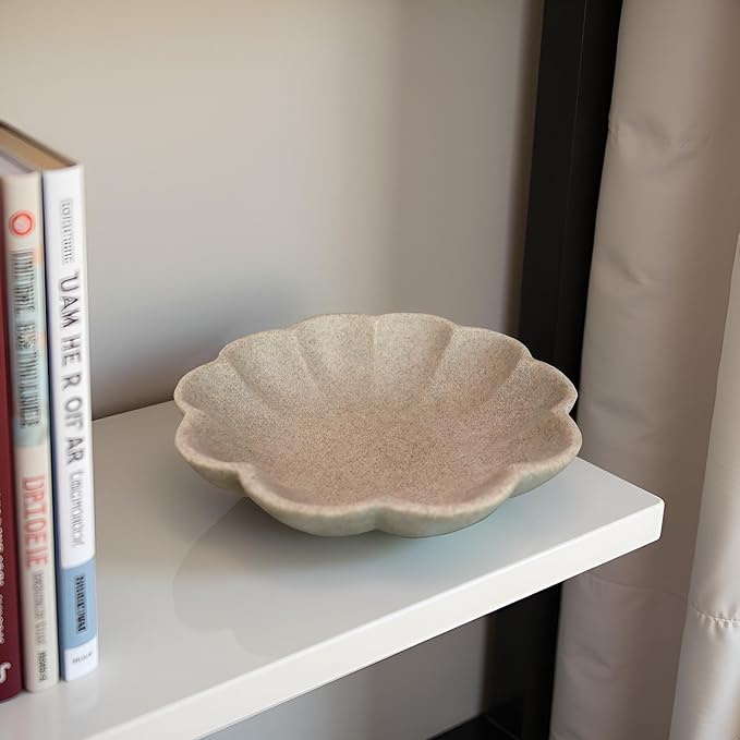 Large Handmade Decorative Bowl decor, Scalloped Pedestal Bowls for Modern Home Decor,Ruffle Decor,Stylish Key Bowl for Entry Table,Decorative Fruit Bowl for Kitchen Counter,Artificial Stone Beige