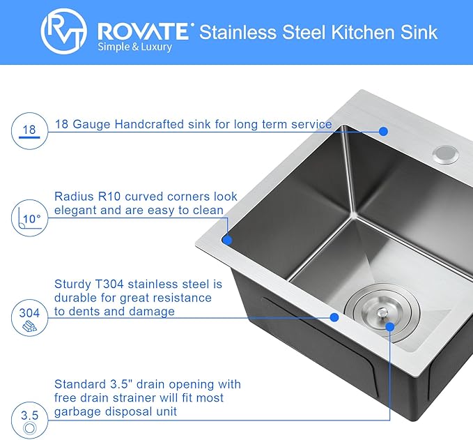 ROVATE 13 x 15 x 8 inch Drop in Bar Sink, Small Kitchen Sink Topmount Single Bowl, 304 Stainless Steel Bar Sinks Overmount Handmade with Basket Strainer
