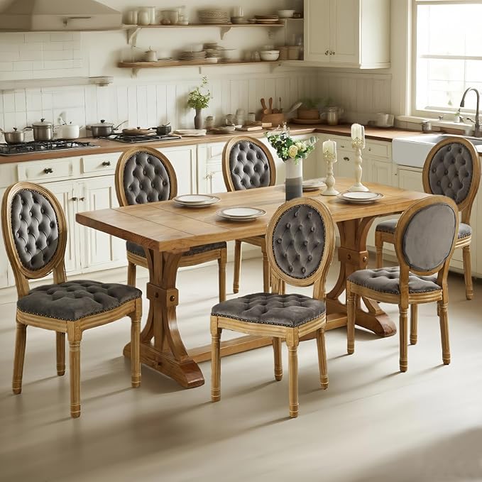 SoarFlash French Dining Chairs Set of 2, Vantage Dining Chair with Round Back, Wood Leg Farmhouse Country Velvet Dining Chair for Kitchen,Bedroom,Grey