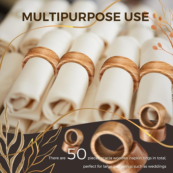 Zhehao 50 Pcs Wood Napkin Rings Bulk Acacia Handmade Dining Table Napkin Holder Buckles for Winter Spring Valentine's Day Wedding Dinner Harvest Holiday Table Decoration(Round,Brown)
