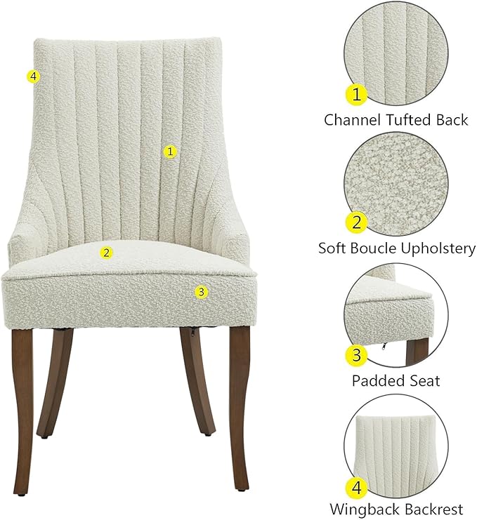 mikibama Boucle Dining Chairs Set of 4 Channel Tufted Kitchen Dinner Chair Comfy Teddy Fabric Upholstered Accent Chair for Dining Room with Solid Wood Legs (Off White 4pc)