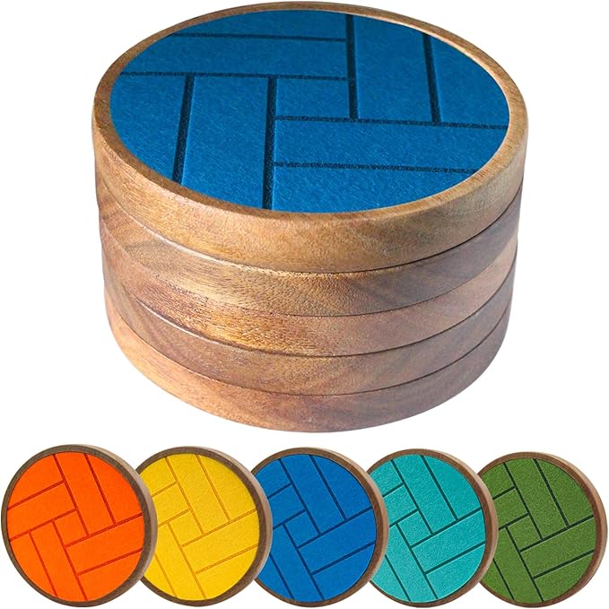 Coasters for Drinks Absorbent 5 Pack, Wood Coasters with Felt Pads, Drink Coasters for Coffee Tabletop Protection, Non-Slip, Non-Stick, Suit for Kinds of Cups 4.3 inch Colorful