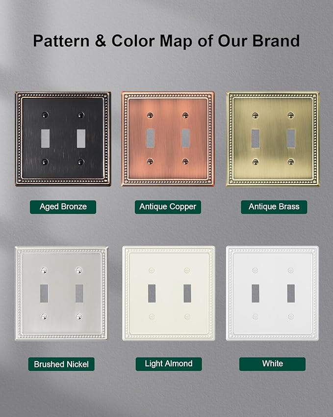 2-Pack Double Toggle Light Switch Cover Plate, Pearls Decorative Dual Switch Plate Covers, Brushed Nickel 2 Gang Metal Wall Plate, Corrosion Resistant