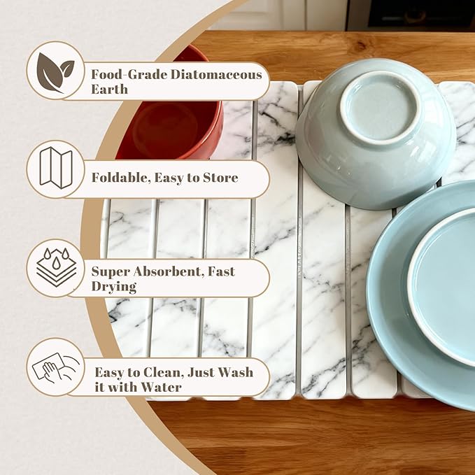 Large Stone Drying Mat for Kitchen Counter, Collapsible Dish Drying Mat Quick Drying Super Absorbent Diatomaceous Earth Mat, Drain Pad for Dishes Bottles Cups Match Any Countertop 24" x 16"
