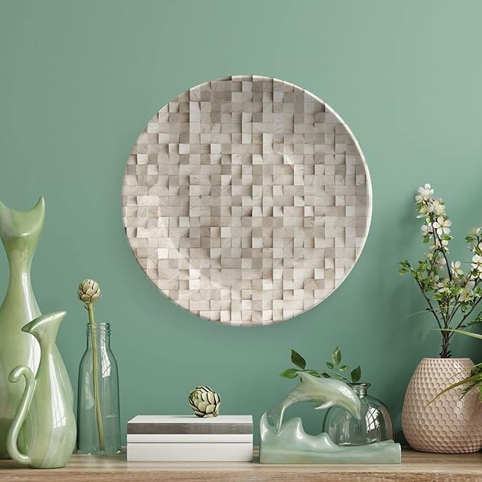 Ceramic Display Plate, Abstract Ceramic Hanging Decorative Plate, Wooden Cubes Print, 10 Inch, Living Room Kitchen Decoration Household, Tan