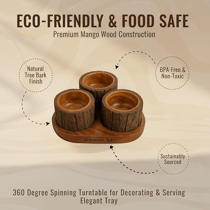 Wooden Snack Bowl Set with Tray – Mango Wood Dry Fruit & Nut Serving Bowls, Rotating Tree Bark Design, Rustic Wooden Candy Bowl Set for Home, Party & Gifting (3 Pieces with Tray)