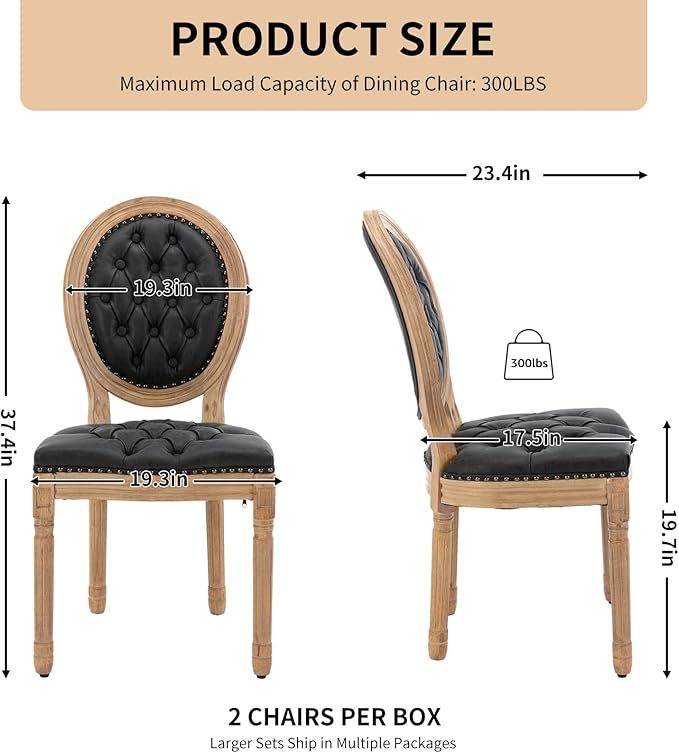 Vintage French Dining Chairs Set of 8, Round Back PU Leather Upholstered Side Chairs with Nailhead Trim and Solid Wood Frame, Sillas de Comedor for Dining Room & Kitchen, Black
