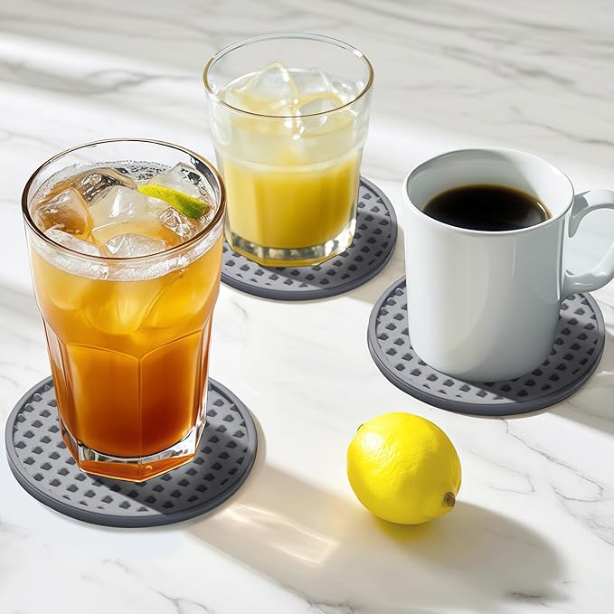 Coasters for Drinks, Silicone Coasters Set of 8 with Metal Holder, Outdoor Coaster for Coffee Table, Non-Slip Rubber Table Cup Mat Desk, Heat Resistant & Scratch-Proof (Grey)