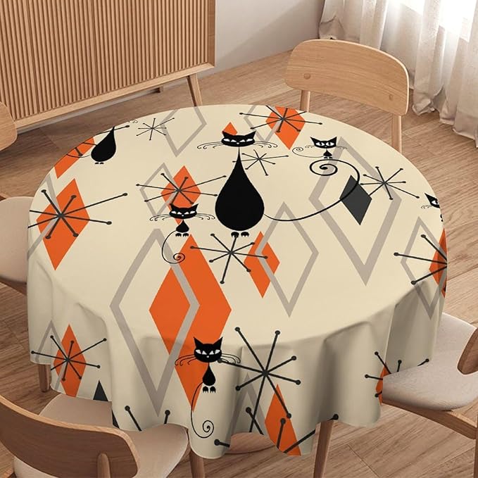Retro Boho Modern Black Cat Round Tablecloth, Mid Century Boho Moon Abstract Geometric Leaf 50s 60s Style Tablecloth for Home Party Dining Room Kitchen Decor 36Inch(90cm)