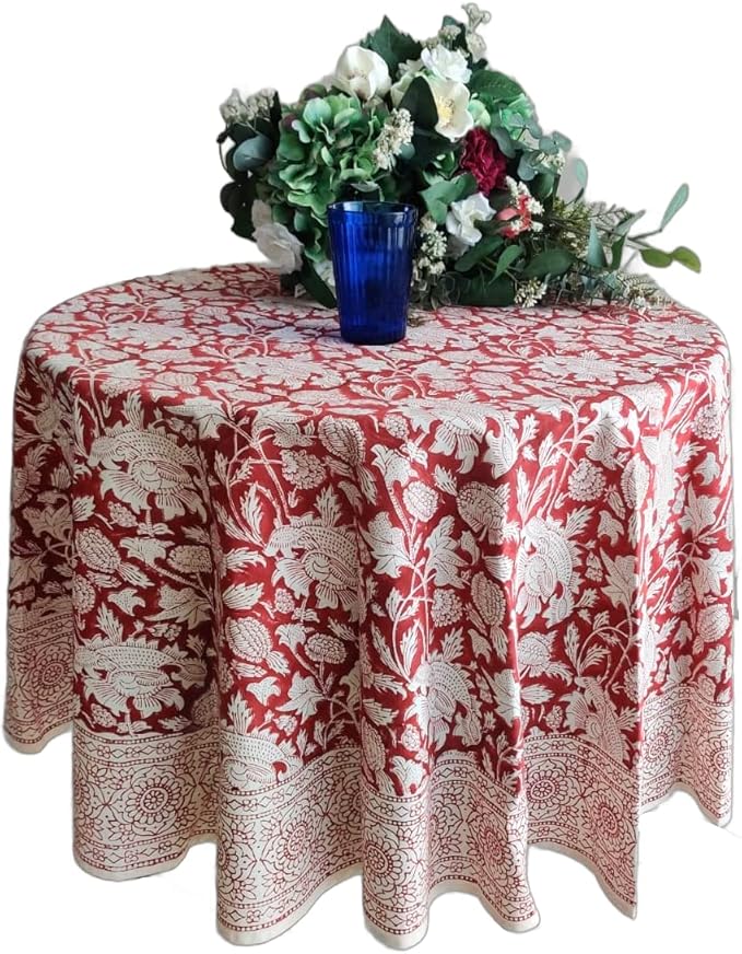 ATOSII Meraki Red 100% Cotton Round Tablecloth, Handblock Print Floral Table Cloth for Kitchen Dining Linen I Parties, Weddings, Outdoors I 90" Inches Round