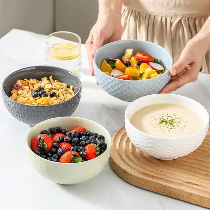 HASENSE Ceramic Cereal Bowls Set of 4, 26 OZ Soup Bowls, Embossed Stoneware Porcelain Bowls for Cereal, Soup, Oatmeal, Salad, Noodles & Rice, Microwave & Dishwasher Safe, Multi-Color