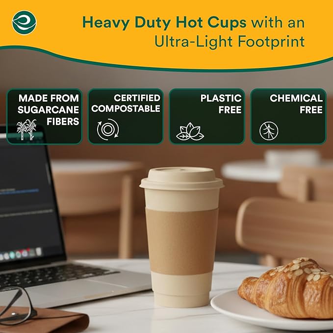 ECO SOUL 200 Pack 12 oz Disposable Coffee Cups with Lids & Sleeves Eco-Friendly, Biodegradable, Compostable, Leak-free & Sturdy To Go Hot Drink Cup for Tea, Chocolate Party Travel Cafe Office & Home