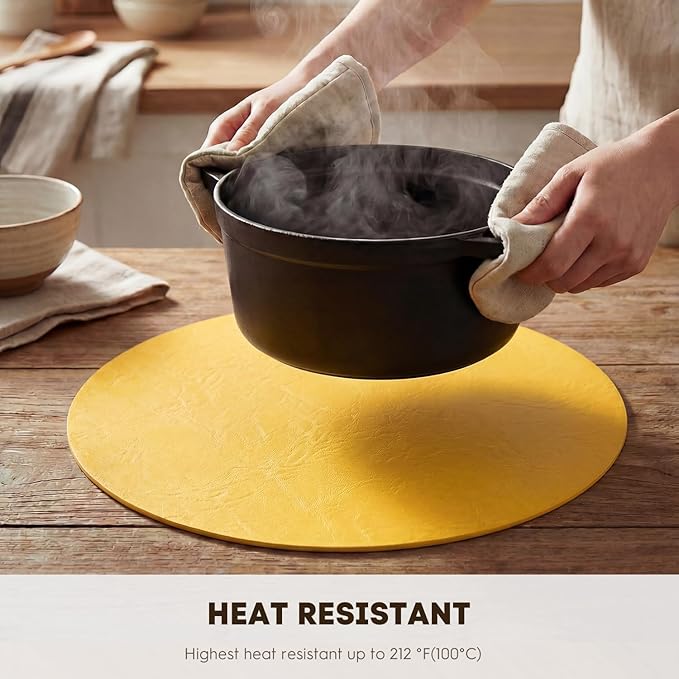 Artoid Mode Yellow Faux Leather Placemats Set of 6, 15 Inch Waterproof Wipeable Heat Resistant Vinyl Place Mats, Reversible Table Mats for Summer Kitchen Dining Decor