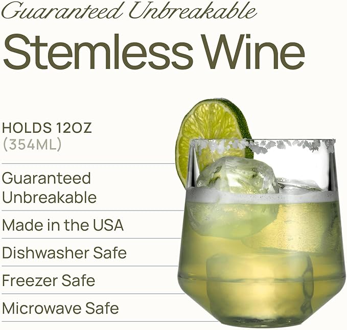 Drinique Unbreakable Stemless Wine Glasses - Set of 4 - Made in USA 12 oz Tritan Unbreakable Plastic Wine Glasses, Reusable for Indoor or Outdoor Use, BPA Free & Shatterproof, Purple