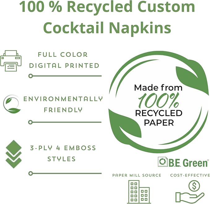 100% Recycled Custom Cocktail Napkins - Personalized 100% Recycled Napkins - Eco-friendly & Full-Color Digital Printed - Weddings, Events & Celebrations - Pack of 50 - Coin Edge Embossed, 5"x 5"