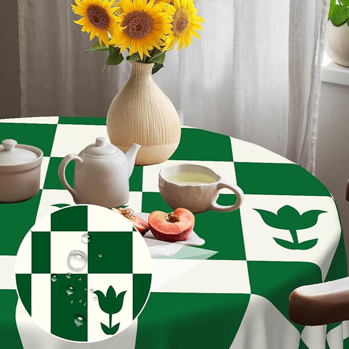 Laeacco 24 Inch Geometric Round Tablecloth Green White Plaid Square Flower Modern Abstract Art Print Table Cloth Washable Waterproof Wrinkle Free Table Cover for Kitchen Dining Picnic Party Decor