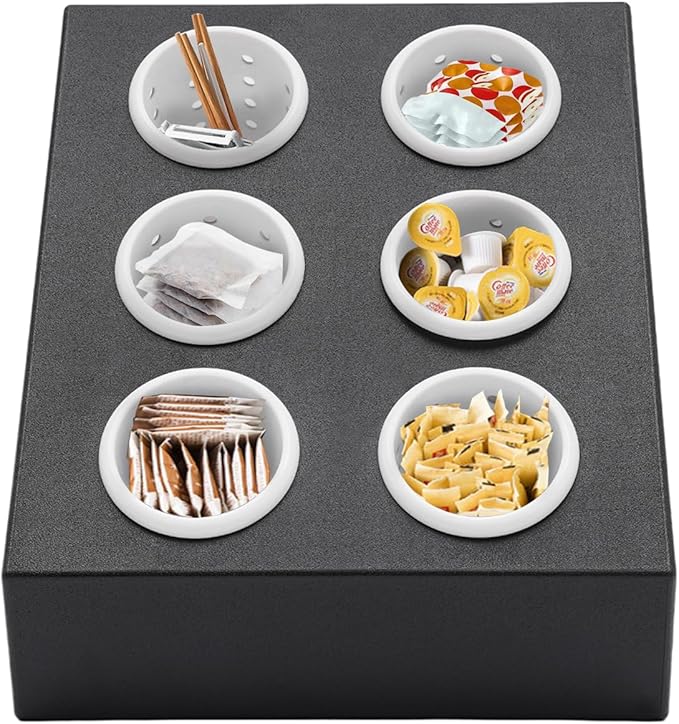 6-Compartment Utensil Holder - Black & White Restaurant Cutlery Organizer with Removable Liners, 22 lbs Capacity, for Kitchen Counter, Bars, Coffee Shops, Restaurants, & Hotels