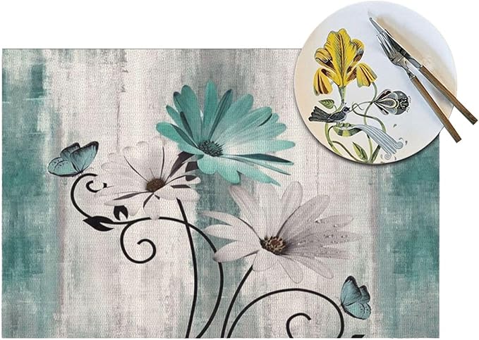 Floral Placemats 12x18 Inches Set of 4, Teal Blue Daisy Floral Decorative Modern Placemats Rectangle Linen Table Mats for Party, Home Kitchen,Dining Table Decoration