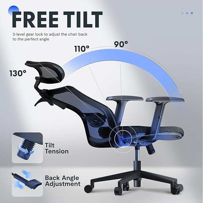 FLEXISPOT Ergonomic Office Chair, High Back Home Office Desk Chairs with Adjustable Lumbar Support, Armrests,90-130° Tilt Lock, Comfort Wide Cushion, Swivel Computer Gaming Chairs for Adults (Black)