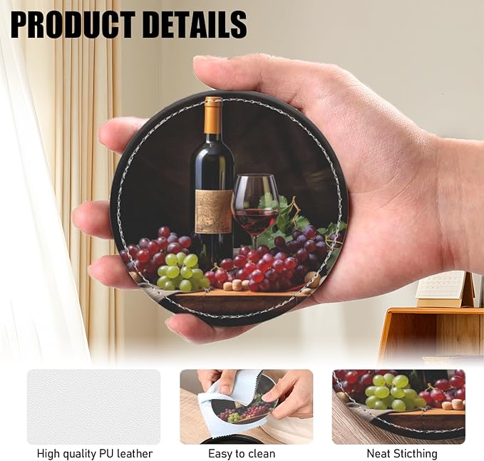 Coasters for Drinks PU Leather,Set of 6 with Holder,Round Housewarming Gift Home Decor,Red Wine and Grapes