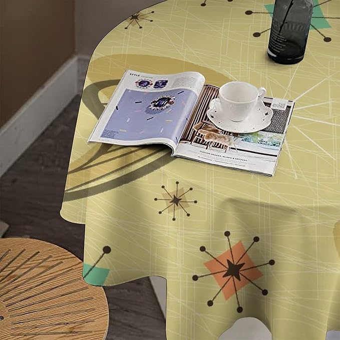 Mid Century Round Tablecloth, Retro Abstract Atomic Boho Geometric Art Printed Tablecloth for Home Party Dining Room Kitchen Decor 70Inch(178cm)