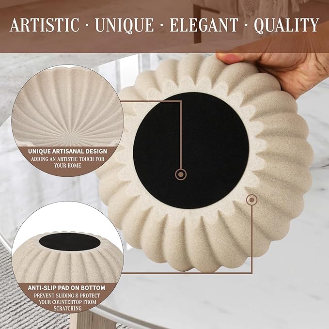 L'ARL GMVOI Large Decorative Bowl - Modern Handicraft Bowls for Home Decor - Fruit Bowl for Kitchen Counter - Key Bowl for Entryway Table - Ruffle Centerpiece Bowl Decor,Artificial Stone Beige