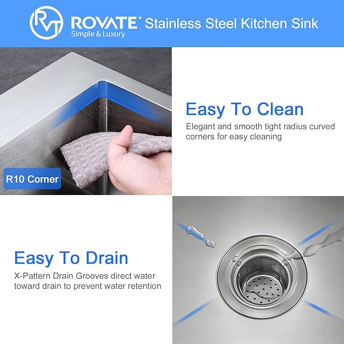 ROVATE 22x18 inches Drop-in Kitchen Sink Single Bowl Stainless Steel with 1 Hole, Handmade Topmount Kitchen Sink with Basket Strainer