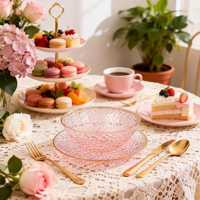 Tinybee 50 Pack Pink Plastic Bowls - Pink Disposable Bowls for Party with Gold Rim, 16-20oz Premium Hammered Bowls Disposable Heavy Duty, Plastic Salad Bowls for Milk Cereals, Snacks, Salads
