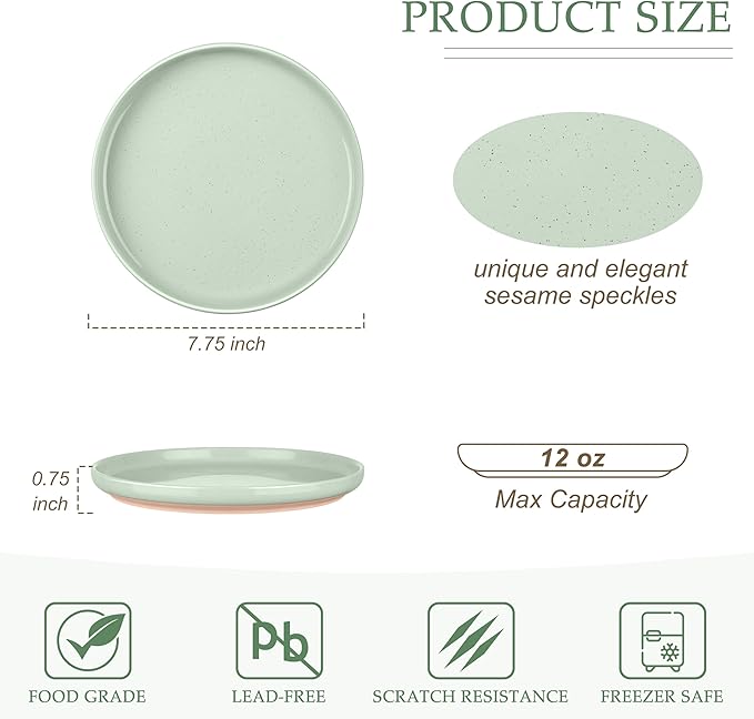 LIANYU Stoneware Dinner Plates Set of 6, 7.75’’ Ceramic Salad Plates for Dessert, Appetizer, Salad, Steak, Pizza, Round Serving Dishes for Kitchen, Microwave, Oven & Dishwasher Safe, Fog Green