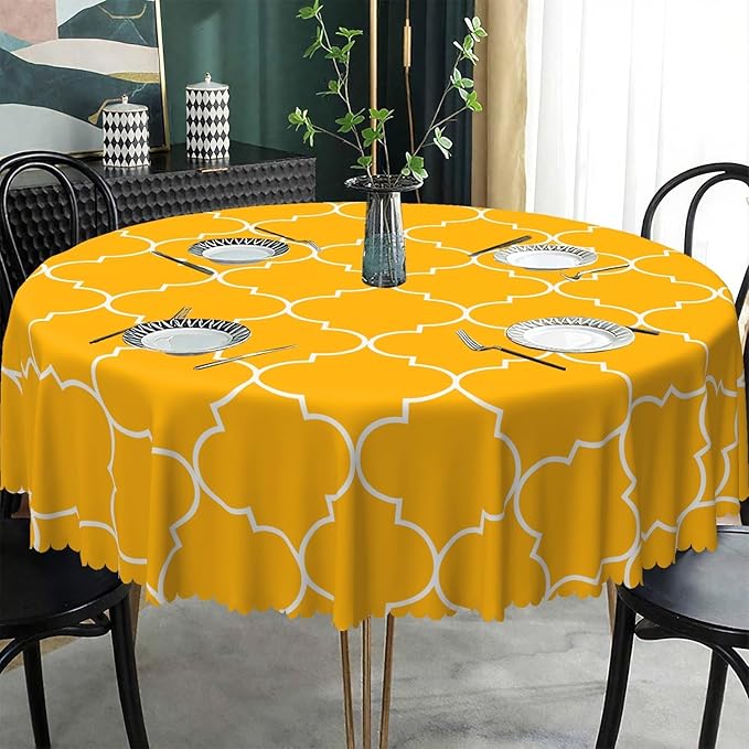 Laeacco 60 Inch Morocco Round Tablecloth Orange Geometric Lattice Modern Abstract Art Print Table Cloth Washable Waterproof Wrinkle Free Table Cover for Kitchen Dining Picnic Party Decoration
