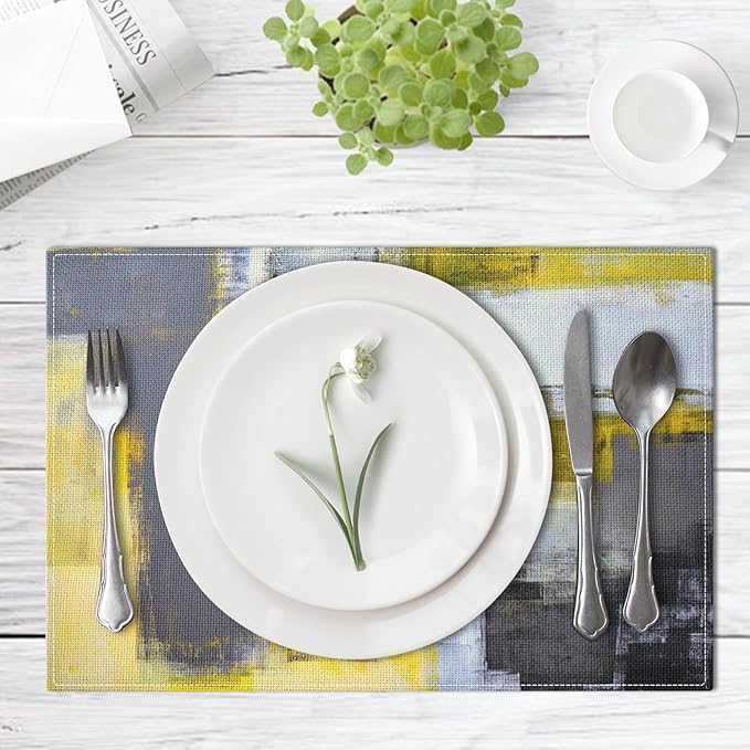 Emvency Farmhouse Placemats Set of 4, Vintage Yellow and Dark Gray Abstract Art Painting 12x18 Inch Table Mats for Outdoor Home Party Kitchen Dining Decoration