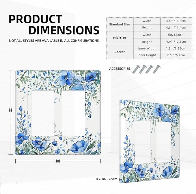 Outlet Covers Blue Watercolor Flowers Retro Floral Leaves 2 Gang Light Switch Cover Double Rocker Wall Plate Decorative GFCI Receptacle Electrical Switchplate for Bathroom Bedroom Decor（2 Pack）