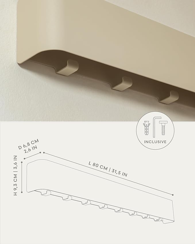 Kazai.® Coat Rack Wall Mount with Shelf 'Tone' | Modern Design Coat Hanger with Hidden Hooks and Storage | Hat Rack with Shelf in Metal | Wall-Mounted Purse Organizer | Taupe