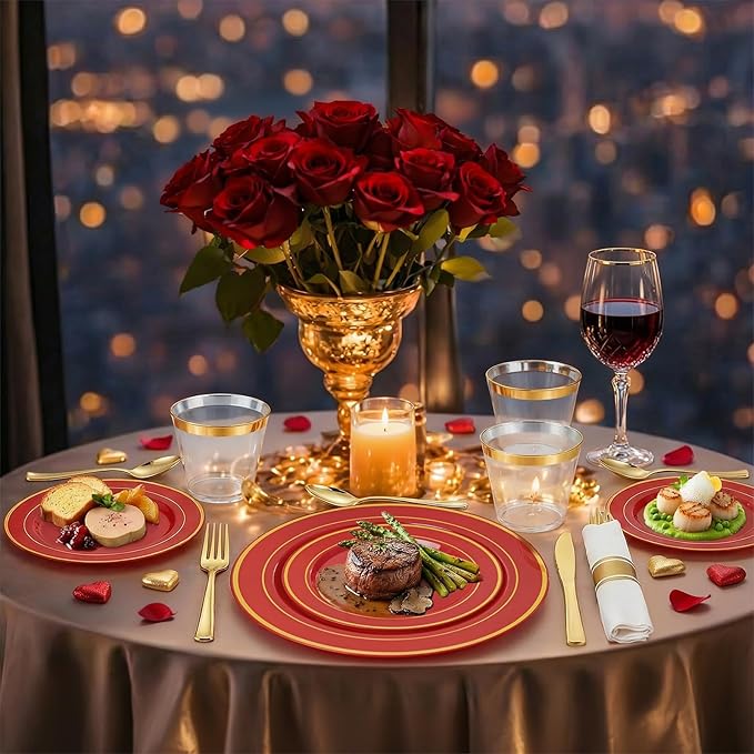 350Pieces Red Plastic Plates with Gold Rim Include 50Dinner Plate 10”, 50Dessert Plate 7”, 50 gold Cups 9 OZ, 50 Pre Rolled Napkins for Party Valentine's Day