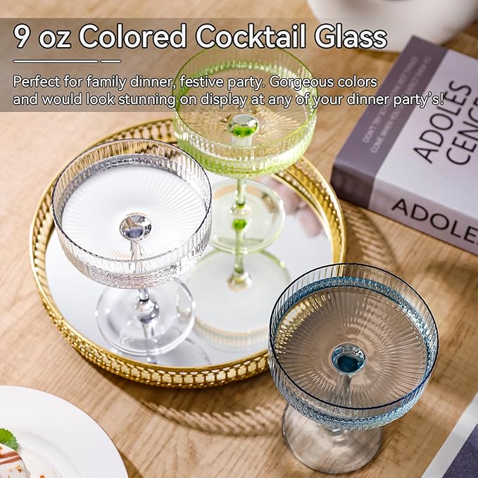Colored Coupe Glasses Set of 6 Vintage Art Deco Colorful Champagne Coupe glasses 9 oz,Ribbed Martini Cocktail Glasses|Colored Cocktail Glasses Set for Espresso,Martini,Champagne