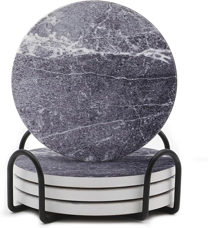 LIFVER Drinks Coasters Set of 4, Living Room Decor, Ceramic Absorbent Coasters with Cork Base, Protect Wooden Table or Furniture from Scratched, Drink Coasters with Holder - Grey