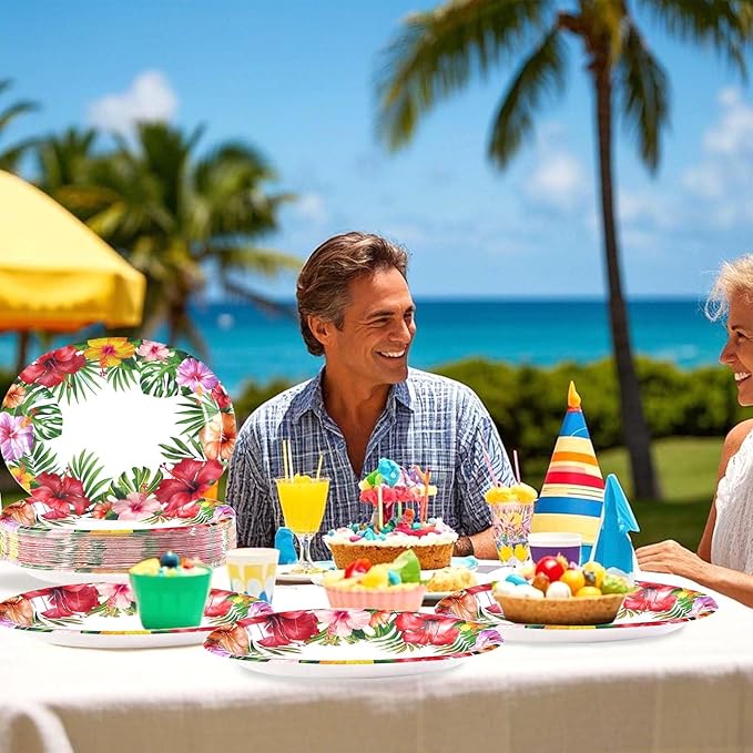 Grencian 50 Pcs Hawaiian Luau Oval Paper Plates 10"×12" Large Tropical Aloha Party Plates Disposable Heavy Duty Hawaiian Floral Luau Serving Tray for Summer Beach Birthday Party Supplies Decorations