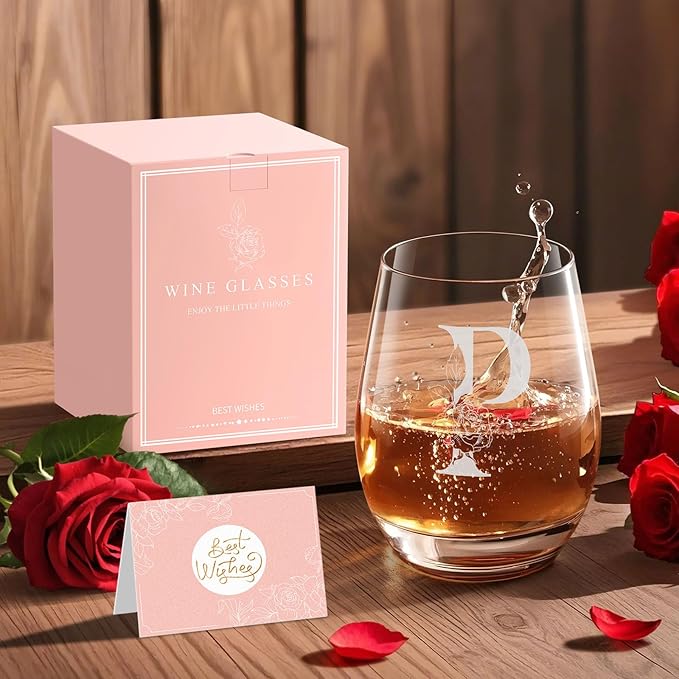 Valentines Day Gifts for Her, Gifts for Women Her Friend Mom Grandma Wife Sister Bridesmaid Nurse, Birthday Galentines Mothers Day Christmas, Personalized Initial Customized Wine Glasses 18OZ(P)