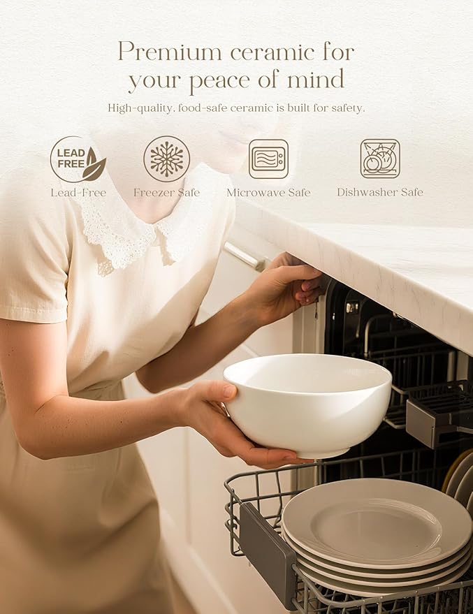 AISBUGUR 26 OZ Soup Bowls,6Inch Ceramic White Bowls Set of 4 for Kitchen,Cereal Bowls for Soup, Cereal, Oatmeal, Fruit, Rice,Bowls Set for Dishwasher & Microwave Safe