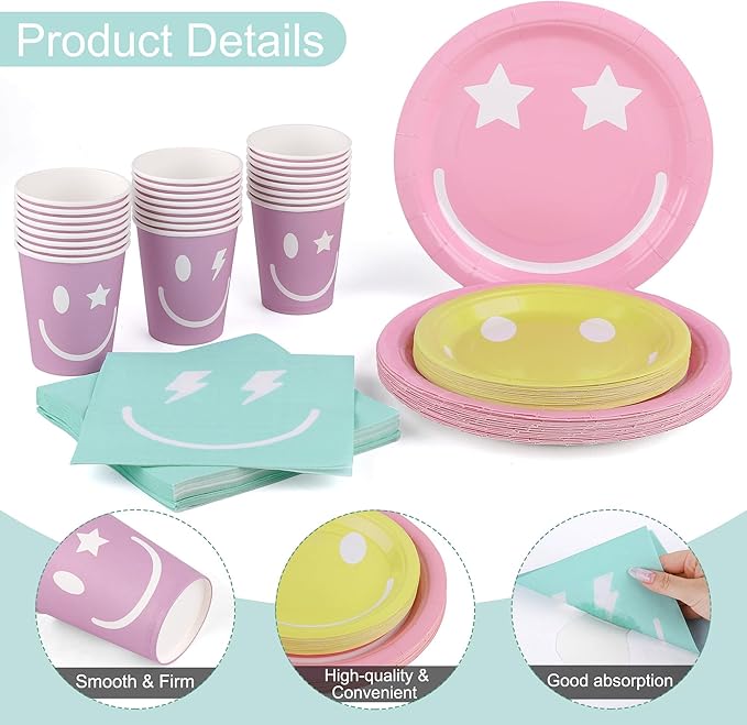 Kochorie 96 Piece Preppy Smiley Face Party Paper Plates Preppy Smile Face Party Decorations Preppy Tableware Set Paper Smile Face Plates Cups Napkins Cutlery Serve 24 Guest for Birthday or Baby Shower