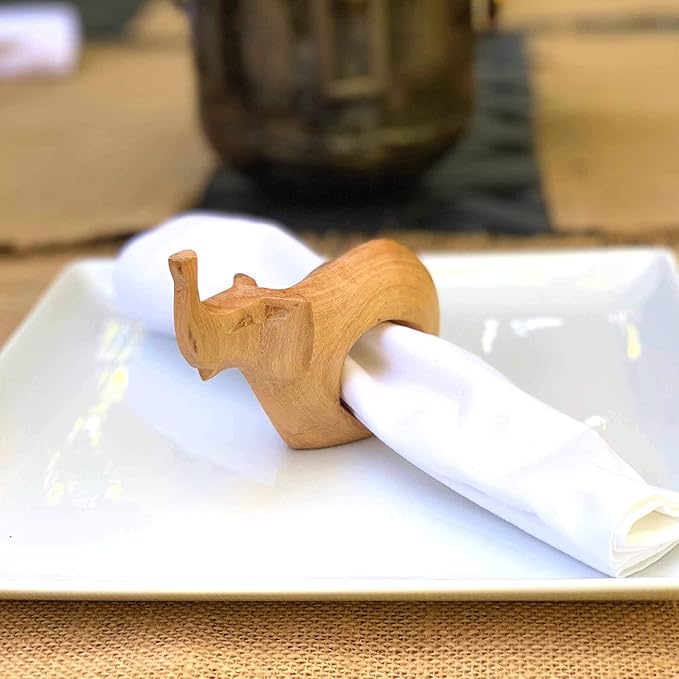 Global Crafts Handcarved Mahogany Wooden Napkin Ring Holders, Elephant, Set of 6 (KWF012_E)