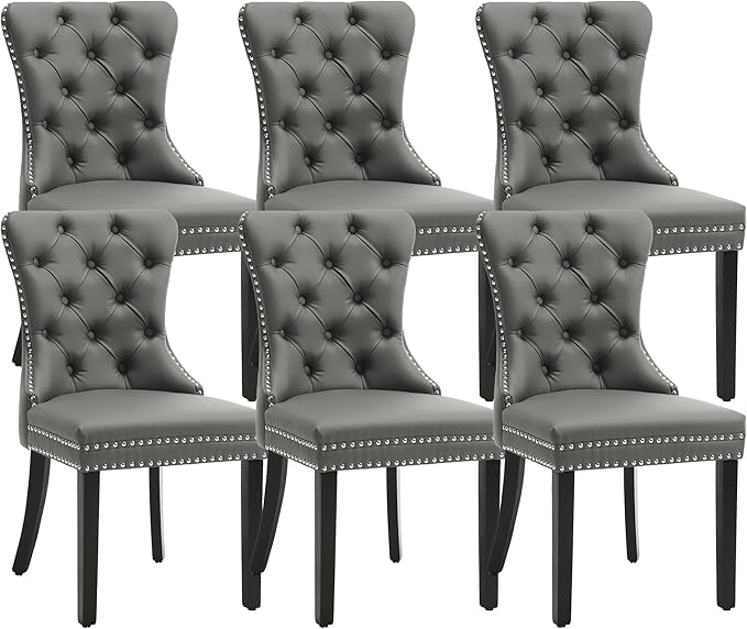 KCC Faux Leather Dining Chairs Set of 6, Upholstered High-end Tufted Dining Room Chair with Nailhead Back Ring Pull Trim Solid Wood Legs, Contemporary Nikki Collection Modern Style for Kitchen, Gray